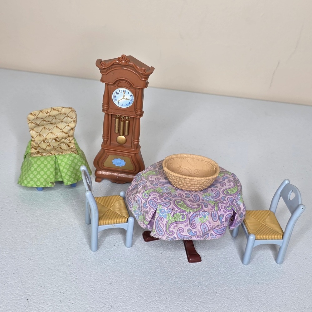 Vintage Fisher Price Loving Family Dollhouse Furniture Dining Grandfather Clock